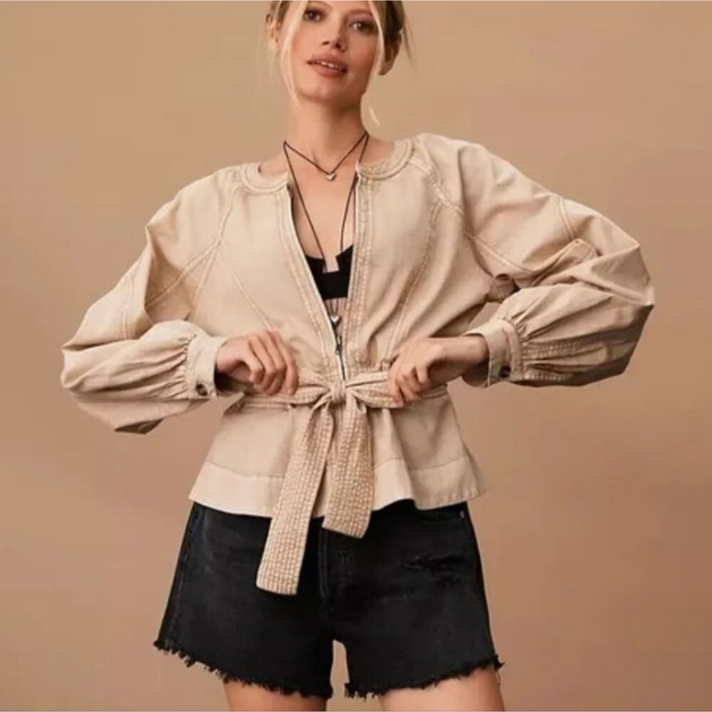 By Anthropologie Belted Round Neck Utility Jacket Tan Brown Size XL Sand Sable - Picture 3 of 15